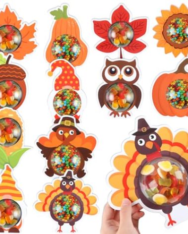 Justforjoyful 48pc DIY Fall Candy Dome Treat Boxes - Thanksgiving & Autumn Candy Holder - Clear Plastic Half Ball Dome Paper Craft for Turkey Gift Party Favors