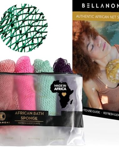 BELLANOMI 4 Piece African Exfoliating Net Sponge Long African Bath Sponge, Authentic Ethically Sourced from Nigeria, Great for Daily Use (Pink, Indigo, Seafoam, Blush)
