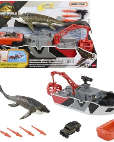 Matchbox Toy Car Playset, Jurassic World 12.5” Dino Boat with 13” Mosasaurus Dinosaur, 1:64 Die-Cast Jeep, Harpoon Missiles & Detachable Rescue Boat