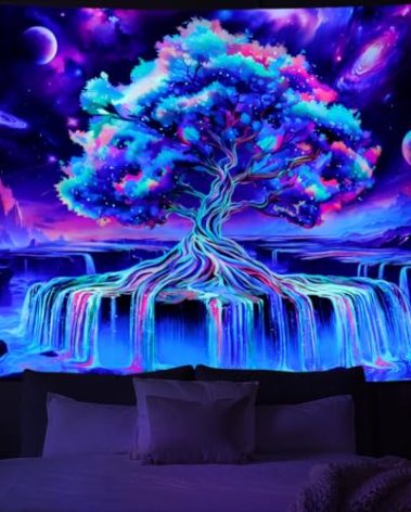 Obsecolors Blacklight Tree of Life Tapestry UV Reactive Waterfall Tapestry Galaxy Space Aesthetic Tree Wall Tapestries Colorful Starry Sky Tapestries Wall Hanging for Bedroom