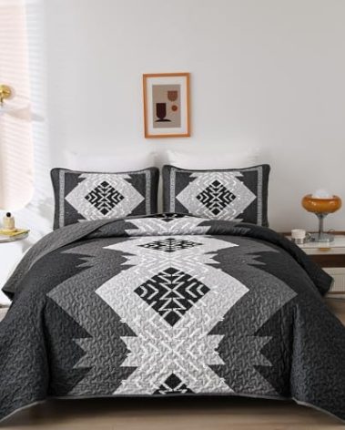 Dintszyayue Boho Queen Quilt Set 3 Pieces Black Grey Aztec Texture Bedspread Coverlet Set Bohemian Quilt Bedding Set Microfiber Lightweight Bed Cover for All Seasons 90"×96"