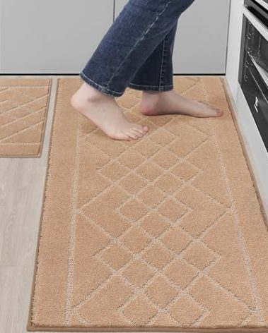 BEQHAUSE Kitchen Mats for Floor 2PCS, Kitchen Rugs Non-Slip Washable, Kitchen Runner Rug Absorbent and Stain Resistant, Floor Mat for Kitchen, Laundry & Sink, 24"x36"+24"x60", Beige