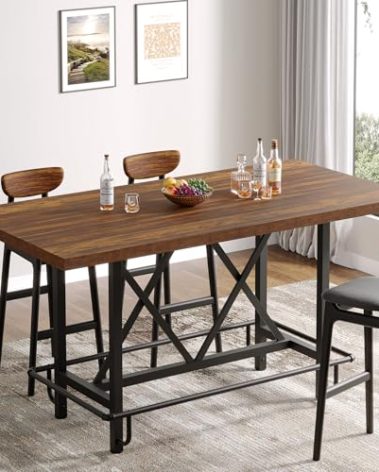 Tribesigns Bar Table, Industrial Counter Height Pub Table with Metal Footrest, 63-Inch Rectangle Wood Kitchen Dining Table with Sturdy Metal Frame for Dining Room, Home Bar (Brown)