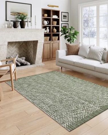 LEEVAN Washable Area Rug 4x6, Hand-Woven Cotton Living Room Rug, Green Braided Bedroom Rug, Farmhouse Indoor/Outdoor Floor Carpet for Patio, Nursery, Office, Playroom, Dining Room