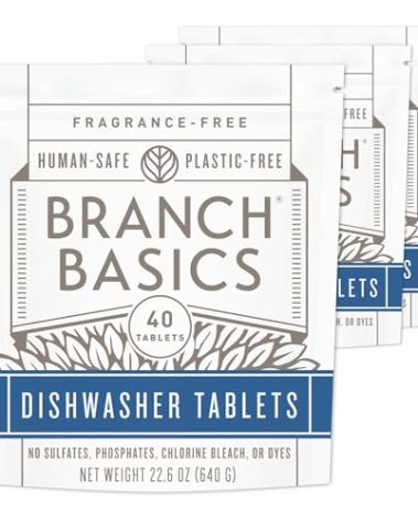 Branch Basics Dishwasher Tablets – 40 Ct, 3 Pack | Plastic-Free, Fragrance-Free, Human-Safe | Delivers a Powerful Clean Without Harsh Chemicals