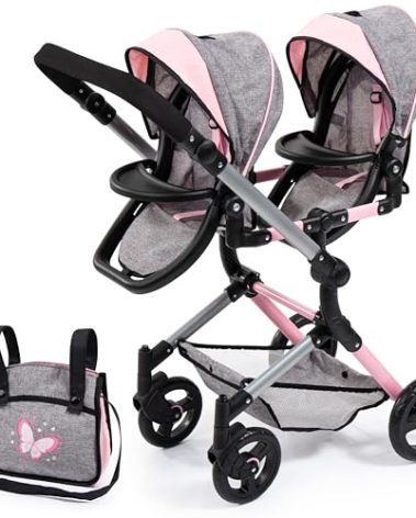 Bayer Twin Doll Pram Neo, Grey, Pink with Butterfly, Jean Look