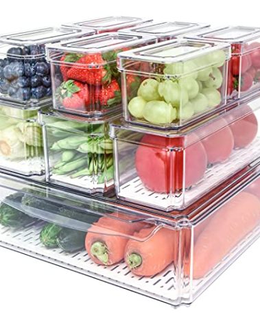 Pomeat 10 Pack Fridge Organizer, Stackable Refrigerator Bins with Lids, BPA-Free Produce Fruit Storage Containers for Fridge, Clear for Food, Drinks, Vegetable