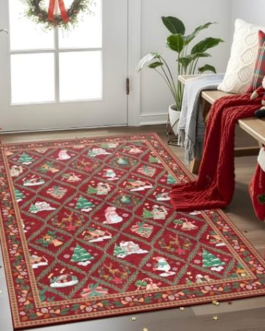 Christmas Rug for Entryway Living Room Area Rugs, Santa Welcome Front Door Mats Indoor Non Slip Doormat, Xmas Holiday Decor Rugs for Kitchen Bedroom Bathroom Hallway, 3x5 Feet Red