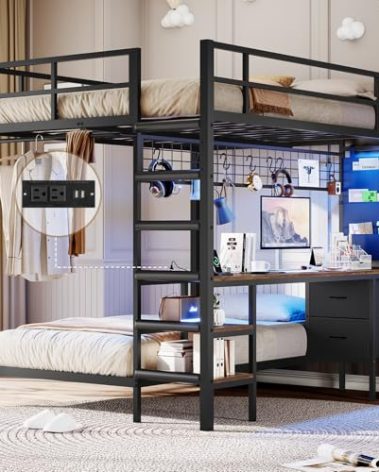 DICTAC Full Size Over Twin Bunk Bed with Desk and Charging Station Metal Full Over Twin Loft Bed with Led Lights & Storage Shelves and Drawers for Teen,Safety Guard & Ladder,No Box Spring Needed,Black