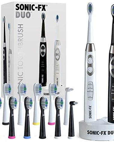 Sonic-FX Duo Rechargeable Electric Toothbrush Set - with 14 Brush Heads, 3 Modes, Smart Auto-Timer, Charging Dock Holder - Dual Handle Electric Tooth Brush for Adults & Kids, Black and White