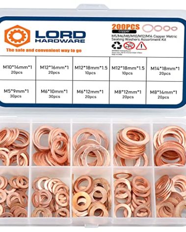 LordHardware 200pcs Copper Crush Metric Washers Assortment Kit Flat Sealing Washer M5 M6 M8 M10 M12 M14 (9 Sizes)