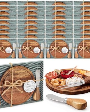 Maxcheck 36 Sets Baby Shower Bridal Game Prizes for Winners Round Cheese Board Set Wood Mini Charcuterie Board with Knives and Forks Thank You Card with Gift Box for Guests Wedding (Acacia)