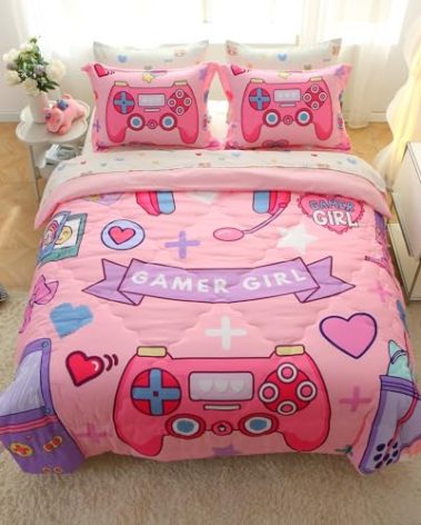 Gusuhome Pink Girls Gamer Comforter Set Twin Size 7 Piece Bed in A Bag Gaming Gamepad Controller Bedding Set for Kids Teens 3D Microfiber Comforter All Season Modern Gaming Room Decor Home