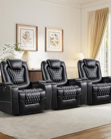 ANJ Power Recliner Chair Set of 3, Electric Soft Leather Reclining Home Theater Seating - USB Ports, Cup Holders, Hidden Arm Storage Movie & Media Room Chairs (Black)