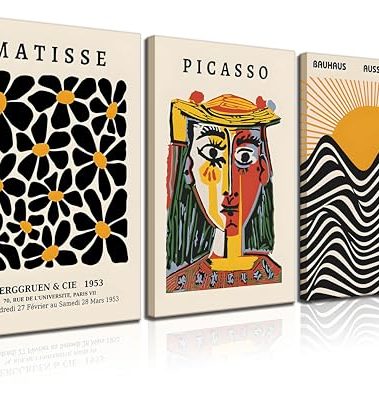 3 Pack Framed Gallery Wall Art Picasso Matisse Bauhaus Set Canvas Prints Abstract Paintings Posters Orange Black Modern Minimalist Wall Decor Pictures Suitable for Bedroom Living Room Decor (Framed,