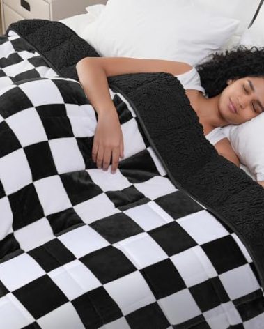 Cottonblue Weighted Blanket for Adults Queen Size 15lbs, Soft Sherpa Flannel Checkered Weighted Blankets, Fluffy Fuzzy Fleece Bed Heavy Blankets for Calming and Relax, Plaid Black, 60" x 80"