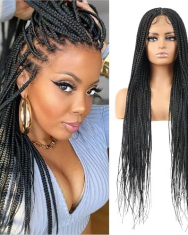 Humistwbiu Braided Wigs for African American Women Full Double Lace Front Square Knotless Box Braid Wig with Baby Hair Japan-made Light weight Synthetic Black Hand Braided Wigs 36 Inch (1B)