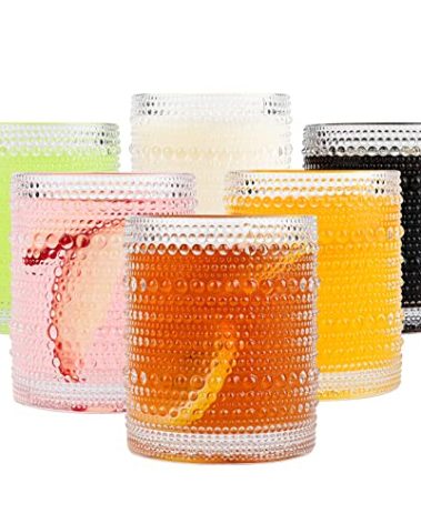 ZMOWIPDL Vintage Glassware Drinking Glasses Set of 6,12 oz Hobnail Glass Cups,Embossed Clear Water Tumbler,for Beer,Cocktail,Whiskey,Juice and Various Mixed Drinks- 1 Cleaning Brush