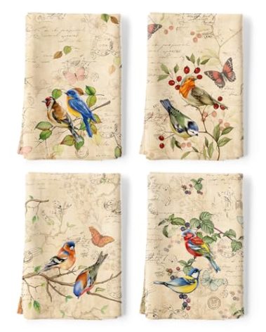 Arquiel Retro Birds Tea Towels, Vintage Rustic Cotton Kitchen Towel 18.9×27.5 inch, Quick Drying Dish Cloth for Party Anniversary Holiday Decoration Housewarming Gifts