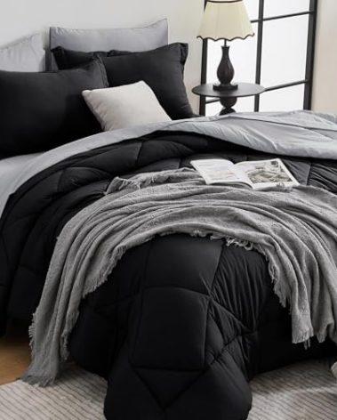 HEVUMYI Twin Comforter Set - 5-Piece All Season Bed in a Bag Twin, Ultra Soft Bedding Set with Comforter, Flat Sheet, Fitted Sheet, Pillowcases, Pillow Shams, Black & Light Grey