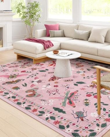 Lahome Insect Washable Rugs 8x10, Soft 8x10 Rugs for Living Room Dining Room Ultra-Thin, Non-Slip Bedroom Rug Large Carpet Non-Shedding Accent Rug for Girls Classroom Nursery(8x10ft,Pink)