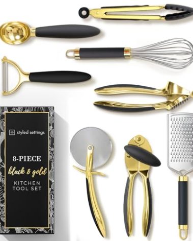 Black and Gold Kitchen Utensils - Luxe 8-Piece Gold Kitchen Tools Set with Can Opener, Pizza Cutter, Peeler, Mini Whisk, and Tongs - Stylish Accessories for Modern Cooking and Ideal for Gifting