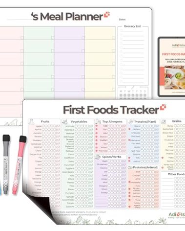 Adi+Isla 100 First Foods Chart & Weekly Meal Planner Magnetic Checklist Baby Solid Food Tracker | 101 Before One Baby-Led Weaning Feeding Essential for 6+ Months w 3 Bonus Markers Large 35x25 cm