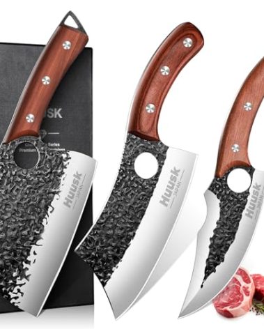 Huusk Butcher Knife Set Hand Forged Serbian Chef Knife Viking Boning Knife Cleaver Knife 3PCS Kitchen Knife Set for Meat Cutting Home & Outdoor Cooking BBQ Knives Gift for Men