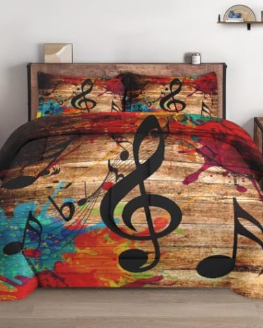 WeCozy Twin Size Comforter Set with Pillowcase, Musical Music Disco 2 Pcs Bedding for Kids and Adults, Black Retro Woodboard Soft Comforter Set for Bedroom Bed Decor