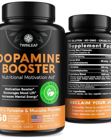 TWINLEAF Dopamine Brain Support Supplement, 1000 mg Blend - Made in USA - with DMAE, Vitamin B12 and L-Tyrosine - Enhance Mental Well-Being - 60 Capsules