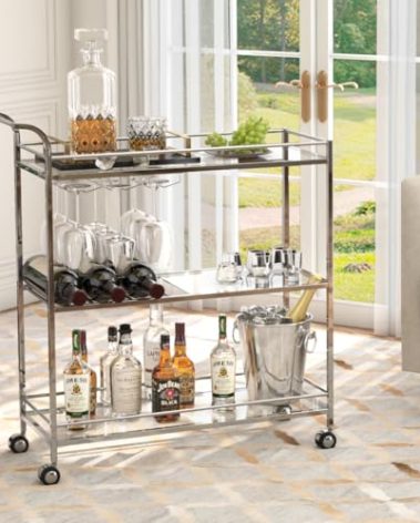 Alihdrna Bar Cart Silver, Home Bar Serving Cart, Modern Bar Cart with 3-Tier, Mobile Kitchen Shelf with Wine Rack and Glass Holder, Bar Carts for The Home, Dining Room, Living Room