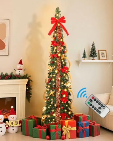 6ft Pop Up Prelit Pencil Artificial Christmas Tree with Remote Control, Slim Collapsible Christmas Tree Pre-Decorated Red&Gold Decorations, Pre-Lit Warm White&Multi-Color Lights for Xmas Decor, 6 FT