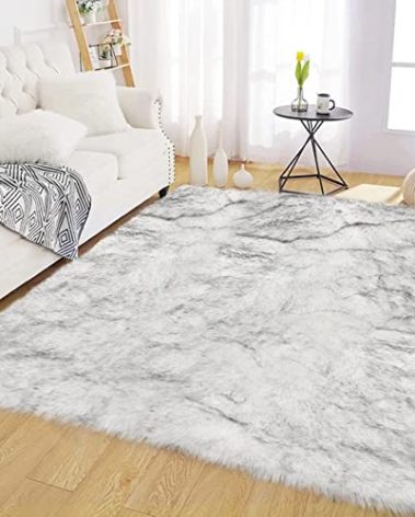 Latepis Area 5x7 Shag Rug White with Grey Tips Washable Fur Rugs Faux Sheepskin Fluffy Rug for Living Room Bedroom Plush Rugs Home Decor Rectangle