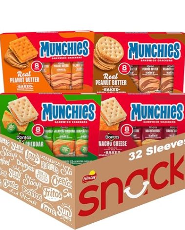 Munchies Baked Sandwich Crackers Variety Pack, Cheese Peanut Butter, Toast Peanut Butter, Doritos Nacho Cheese, and Doritos Jalapeno Cheese (Pack of 32 sleeves)