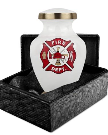 Trupoint Memorials Small Urns for Human Ashes Keepsake, Military and Patriotic Decorative Mini Cremation Urn for Veteran Adult Men and Women, White Red Fireman