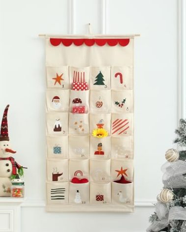 MONOBLANKS Fabric Christmas Advent Calendar with Pockets,Reusable Natural 24 Days Countdown Advent Calendar Hanging Storage Bag for Xmas Holiday Home Wall Decoration (Christmas B)