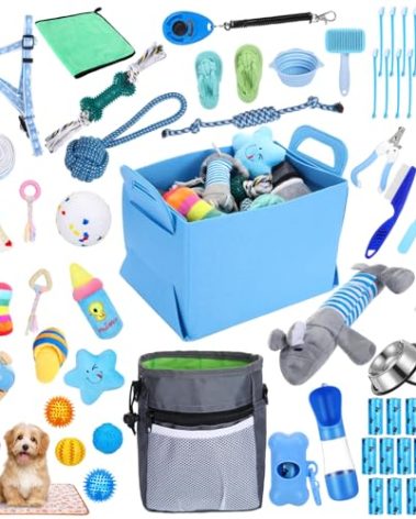 PullCrease 65 Pcs Puppy Supplies Starter Kit Small Dog Essentials Includes Dog Leash, Toys, Bowl, Brushes, Water Bottles, pet Blankets Puppy Accessories for New Welcome Gift Supplies(Cool,Blue)