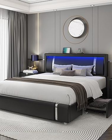 Keyluv Queen Bed Frame with RGB LED Lights Headboard & 2 Storage Drawers, Modern Upholstered Faux Leather Platform Bed with Iron Metal Decor, USB & USB-C Charging Ports, No Box Spring Needed, Black