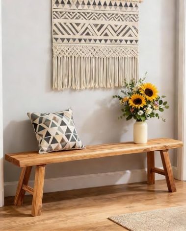 Wooden Bench Indoor, Rustic Farmhouse Narrow Entryway Bench with Natural Solid Wood, Durable and Sturdy Skinny Bench Suitable For Dining Room, Kitchen Porch Other Narrow Spaces (31.5 * 10.2 * 17.7）