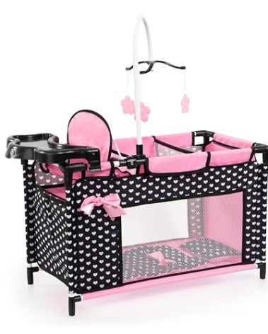 Bayer: Multi Bed - Black, Pink, Hearts - Accessory Set for Dolls Up to 18", Built-in High Chair, 3 Hangers, Pillow, Blanket, Kids Ages 3+