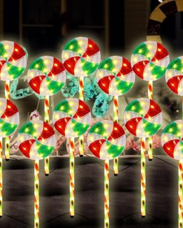 Ganeen 12 Pack 27.6" Lollipop Christmas Pathway Lights Outdoor Candy Pathway Markers Christmas Decorations with 8 Lighting Mode String Lights Plugin for Yard Lawn Walkway(Green Red)