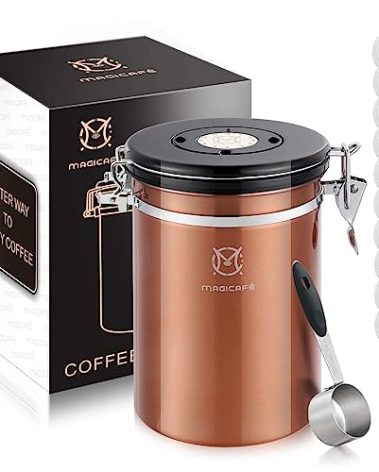 MAGICAFÉ Airtight Coffee Bean Container - Co2 Valve Coffee Bean Canister with Scoop for Ground Coffee Large Copper 21oz