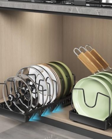 2PCS Black Pot Lid Organizer, Pull-out Pots and Pans Organizer, Under Cabinet Pot Lid Holder for Kitchen, Sliding type Pots and Pans Storage with 16 Adjustable Dividers for Cabinet Pantry Countertop