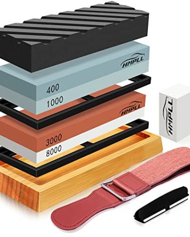 HMPLL Knife Sharpening Stone Set, Professional Whetstone 4 Side Grit 400/1000 3000/8000, Whetstone Knife Sharpener Stone Set Include Non-slip Base, Leather Strop, Flattening Stone & Angle Guide