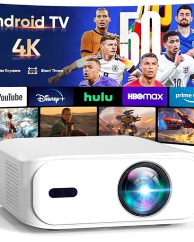 [Built-in-Apps] 4K Short Throw Smart Mini Projector with WiFi 6 and Bluetooth, Auto Keystone Outdoor Movie Projector, Big Screen Home Portable Projector for Phone/Laptop/HDMI (APP Version)