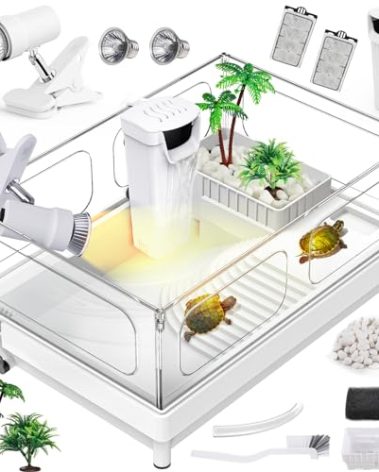 MoonOrange Small Turtle Tank Kit(Tank+Light+Filter), Acrylic Turtle Tank Starter Kit with Bask Platform, Bottom Drain, Multi-Function Area for Small Reptiles.(White)