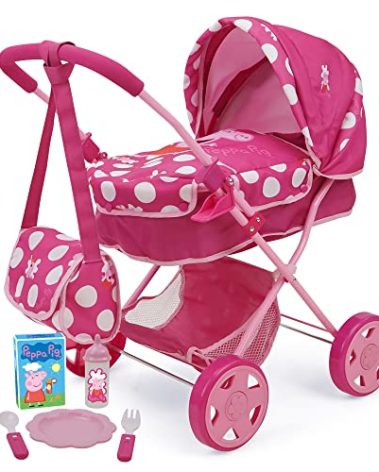 Peppa Pig: Baby Classic Doll Pram Set - Pink & White Dots - 7 Piece Set, Fits Dolls Up to 18", Retractable Canopy, Storage Basket, Diaper Bag & 5 Feeding Accessories, Pretend Play for Kids Ages 3+