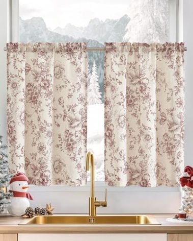 jinchan Floral Linen Tier Curtains Floral Brick Red on Beige Christmas Decorations Cafe Curtains 36 Inch Length Kitchen Living Room Bedroom Bathroom Farmhouse Rustic Country Rod Pocket 2 Panels