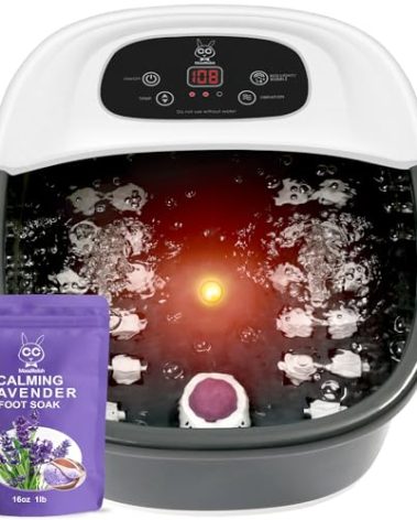 Foot Spa Bath Massager with Heat Bubbles and Vibration Massage and Jets, 16 OZ Calming Lavender Foot Soak Epsom Salt, MoodRelish Foot Soaker with Red Light, 22 Massage Rollers, Adjustable Temp - Black