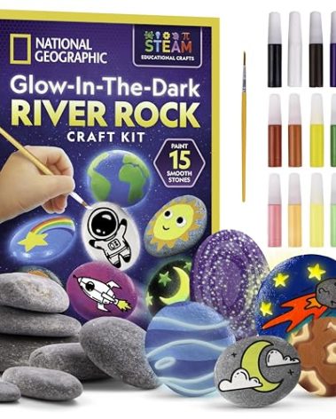 NATIONAL GEOGRAPHIC Glow in the Dark Rock Painting Kit - Arts & Crafts Kit for Kids, Decorate 15 River Rocks with 15 Paint Colors & More Art Supplies, Kids Craft, Art Kit, Kid Activity Kit